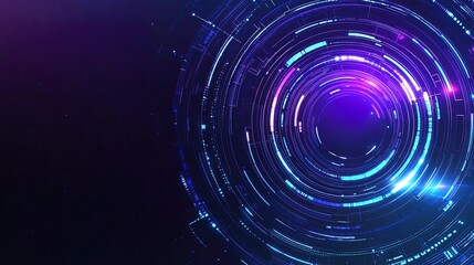 Abstract neon blue and pink circles glowing on a dark purple background.