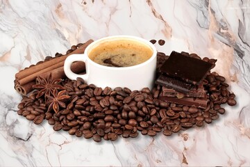 coffee beans and cup of aroma hot coffee