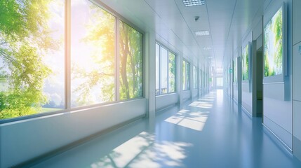 Calming Digital Screens in Hospital Corridor Designed for Peaceful Healing Atmosphere