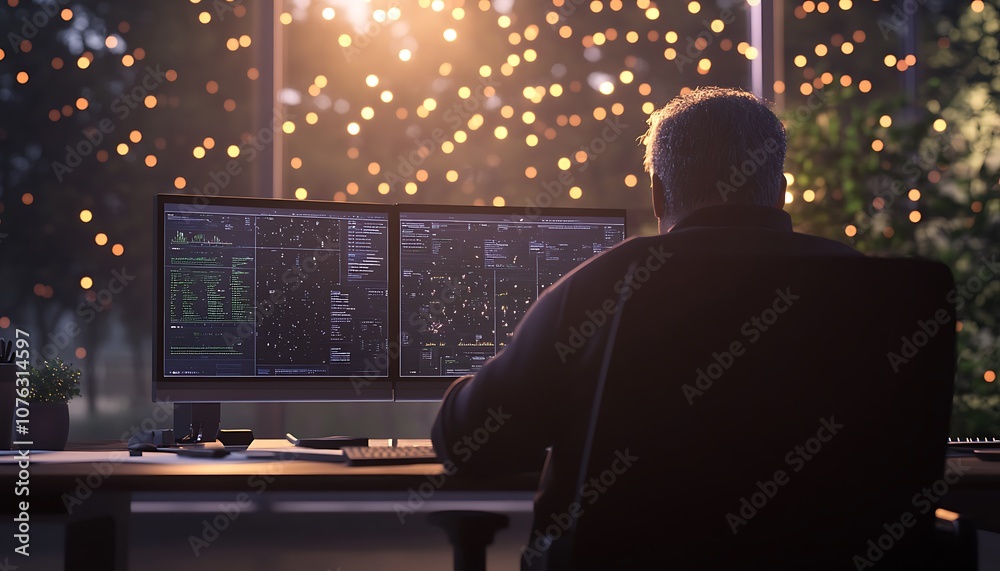 Poster A person works at a dual monitor setup, surrounded by warm lights, creating a cozy and focused atmosphere for productivity.