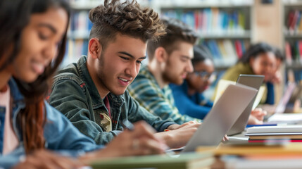 Students engaged in collaborative learning while studying on laptops at a vibrant library during the day