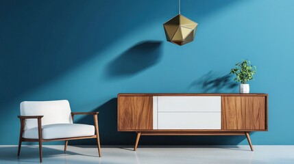 A white chair is sitting in front of a wooden entertainment center. The entertainment center has a vase on top of it