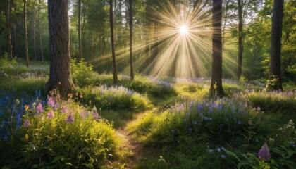 Fototapeta premium forest clearing with sun rays illuminating wildflowers, enchanting setting