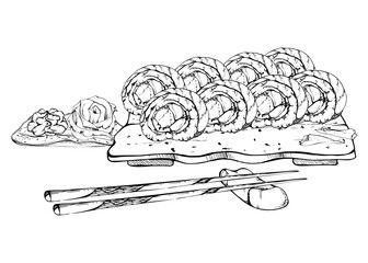 Japanese food sushi roll set on ceramic plate, raw fish alaska california rainbow, chopsticks wasabi ginger, salmon avocado tuna, hand drawn in vector pen and ink. Restaurant, cafe menu, recipe book