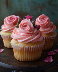 Muffin with pink roses on an abstract background.