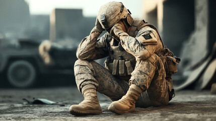 A soldier in camouflage uniform and helmet sitting on the ground with head in hands, appearing stressed or exhausted in a dusty environment with blurred background.