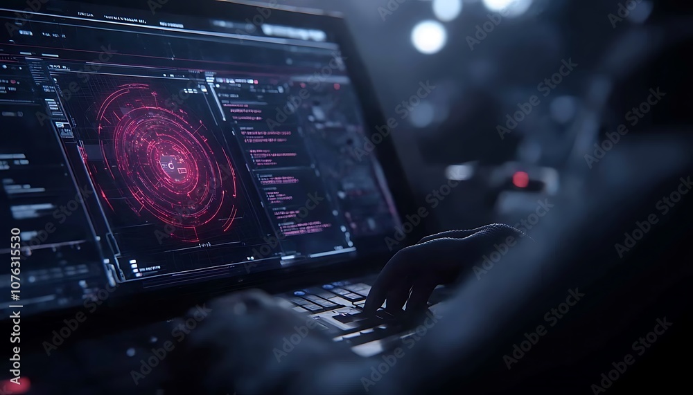 Poster A high-tech laptop displays vibrant, abstract data visualizations in a dark environment, suggesting advanced computing or cyber activities.