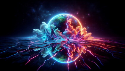 Colorful Landscape with Neon Lights, Earth Background,  Bright and Tranquil Nature, for Home Decor, YouTube Thumbnail, Design, Music Cover Art, 4K Wallpaper