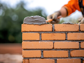 Close up of bricklaying process, mortar being applied to bricks. skilled worker carefully spreads mortar, showcasing craftsmanship and attention to detail