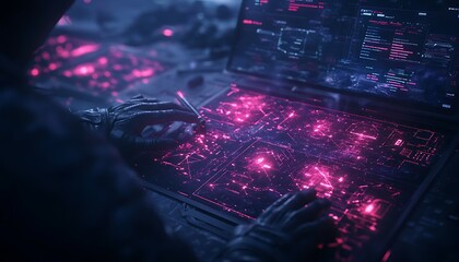 A dark scene featuring a person's hands manipulating glowing, vibrant data on a laptop, suggesting a high-tech, cybernetic environment.