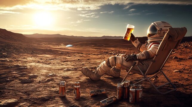 Astronaut Enjoying a Beer on Mars. Exploration, future, science, adventure, and fantasy background concept
