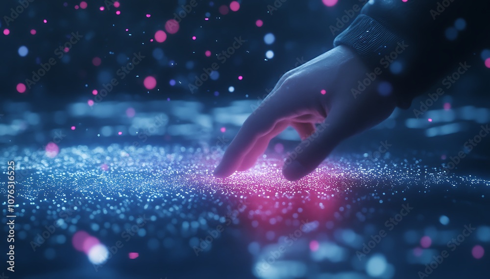 Poster A hand reaches out, touching a surface of shimmering particles, creating a mesmerizing display of light and color in a mystical atmosphere.