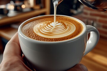 Barista preparing a coffee drink, with a focus on frothing milk, in a cozy coffee shop setting