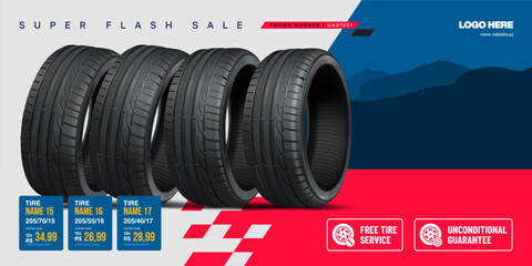 Tire banner advertisement poster. Car tires wheels set.