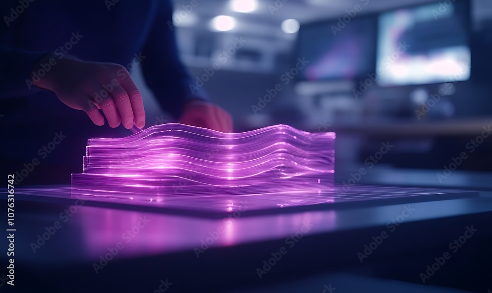 Poster a person interacts with a glowing, wave-like structure on a table, illuminated with vibrant purple l