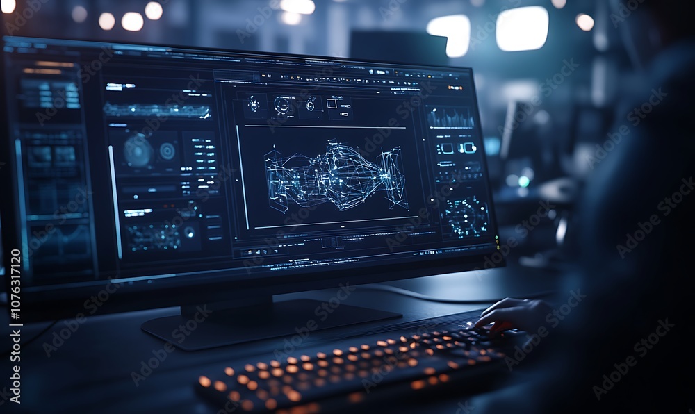 Poster A high-tech computer screen showcasing intricate data visualizations and analytics in a dimly lit environment, emphasizing a futuristic tech aesthetic.