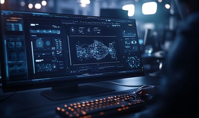 A high-tech computer screen showcasing intricate data visualizations and analytics in a dimly lit environment, emphasizing a futuristic tech aesthetic.