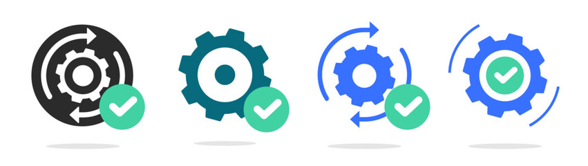 System update upgrade gear check mark icon simple vector graphic illustration set, software maintenance repair cog wheel rotating repair pictogram logo symbol status image clip art, quality execute ti