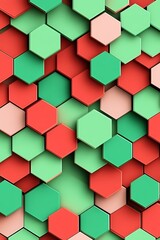 Naklejka premium Abstract Composition with Green and Red Geometric Hexagons in Symmetric Patterns 