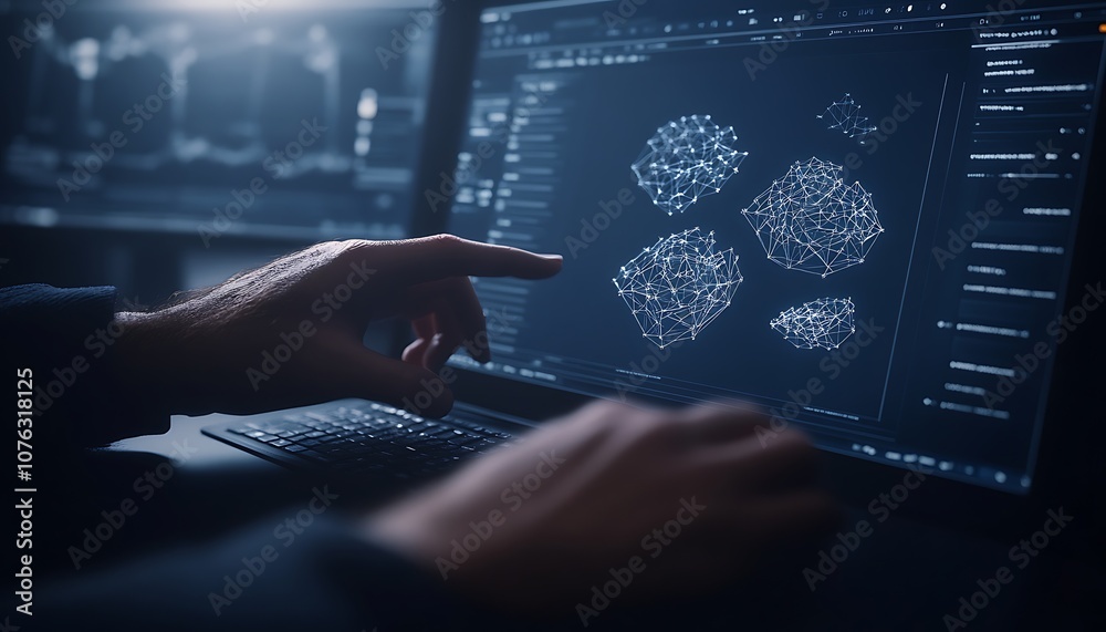 Poster a person analyzes complex data on a laptop screen, showcasing intricate digital patterns and visuali