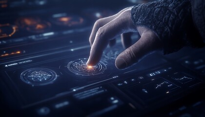 A futuristic hand interacts with a glowing control panel, highlighting digital elements and intricate designs, symbolizing advanced technology and user engagement.