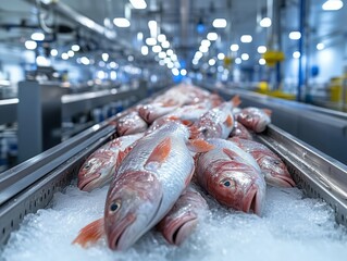 Freshly caught fish moving on conveyor belt in modern seafood processing plant. Fresh fish on ice being processed in a modern seafood factory, ensuring quality and freshness for consumers