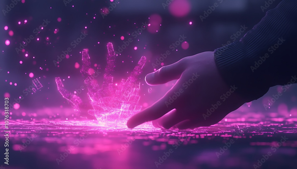 Fototapete a mystical hand reaching down to a glowing pink surface, creating splashes of light and energy, embo