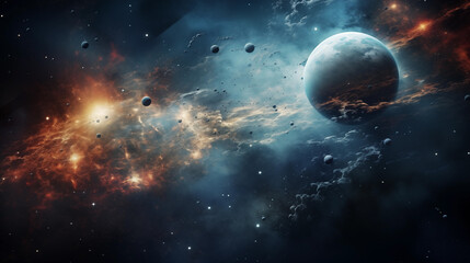 A captivating deep space image of planets floating amidst clouds of star dust, evoking the mystery of the galaxy.