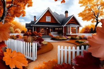 Gentle watercolor of a family home with a front yard and picket fence, in warm, inviting colors