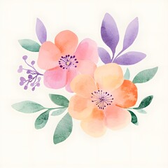 Delicate watercolor painting of peach and yellow flowers with purple leaves.
