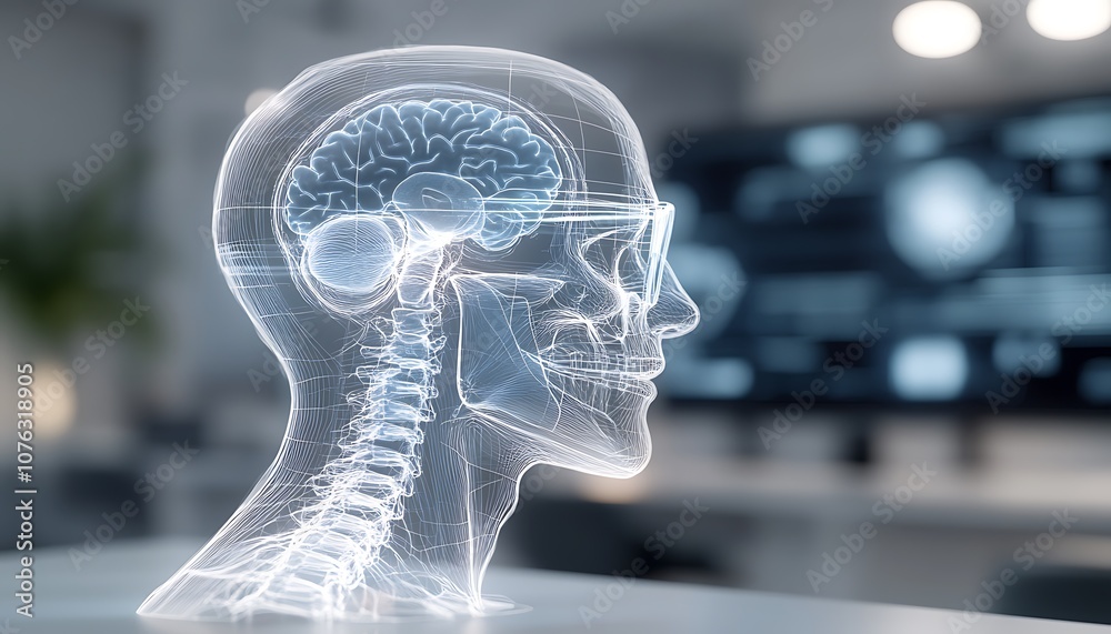 Poster a translucent digital depiction of a human head showcasing brain and neural connections, set against