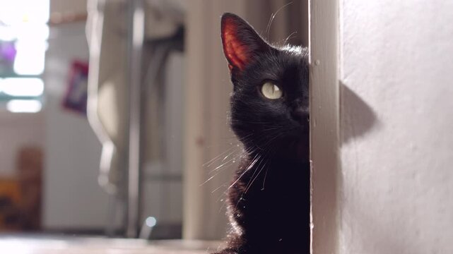 A handsome black cat staring at the camera in a medium shot, with daylight coming from behind. Only half of its face is visible, as it hides the other side behind a wall, creating a mysterious look.