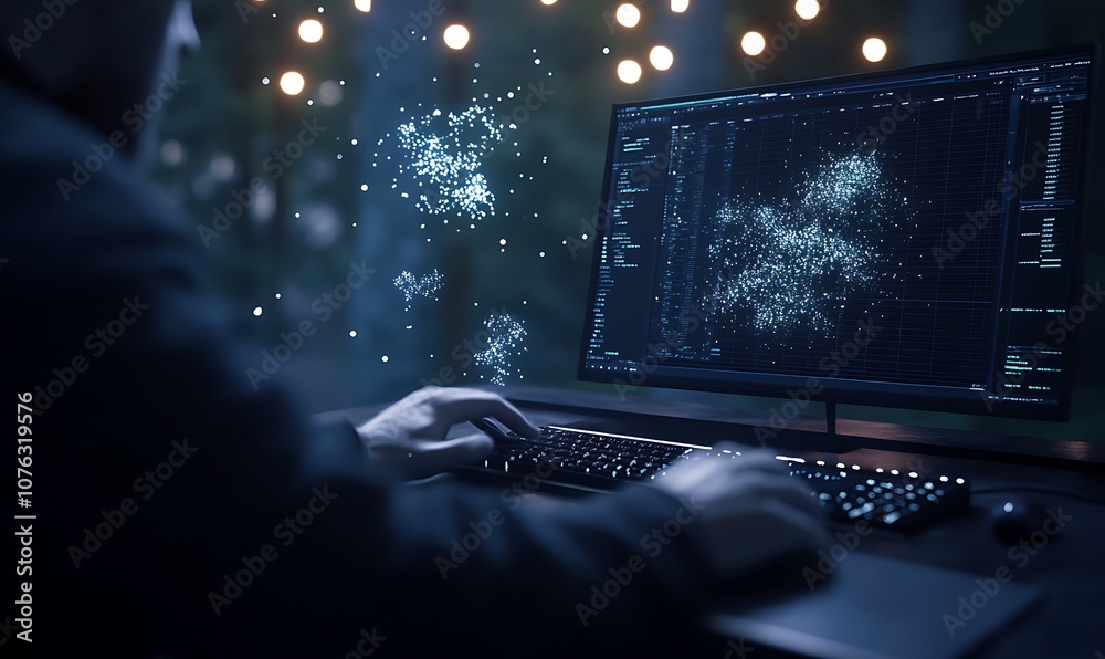 Aufkleber A person works at a computer displaying digital graphics, immersed in a high-tech environment with glowing lights.