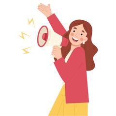 Pretty woman with megaphone cartoon illustration, Vector illustration of woman announcing with megaphone