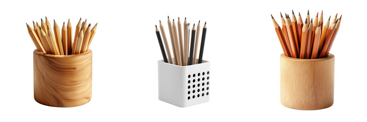 Set of desk pencil holder with pens and pencils isolated on a transparent background