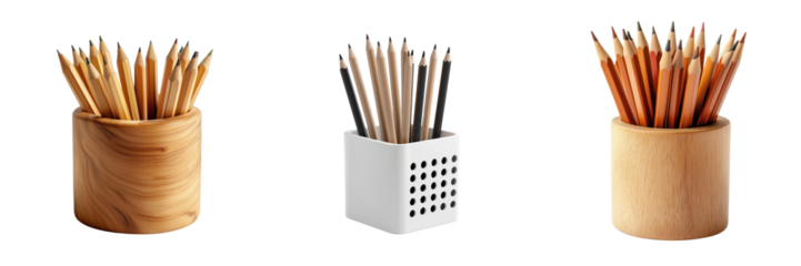 Set of desk pencil holder with pens and pencils isolated on a transparent background