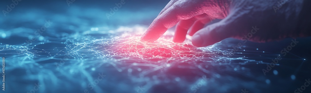 Poster a close-up of a hand reaching out to a glowing interactive surface, symbolizing innovation, technolo