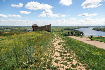Ancient wooden fortress on a background of river spaces. Russia, Tatarstan, ancient Bulgar fortress...