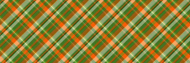 Store pattern seamless background, outline check tartan fabric. King textile texture vector plaid in green and orange colors.