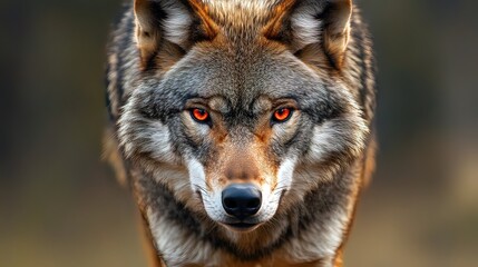 Obraz premium Close-up portrait of a wolf with red eyes looking directly at the camera.