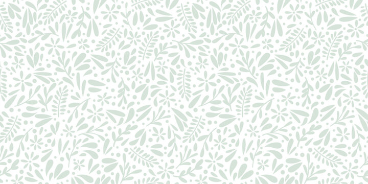 Fototapeta White ditsy leaves and flower vector repeat pattern, tiny flower print, cute green spring background texture, pastel mint wallpaper design