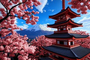 Pixel art of a traditional Japanese pagoda with cherry blossoms and Mount Fuji in the background, in vibrant 8-bit style