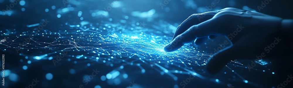 Poster a hand reaches out to touch a glowing, starry surface, illustrating the connection between humanity 