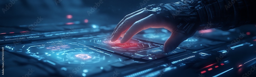 Poster a futuristic hand interacts with a glowing, high-tech interface, showcasing vibrant blue and red ele