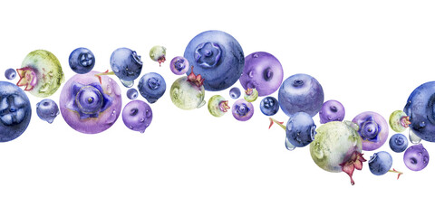 Blueberry blackberry, hand drawn in watercolor, group of flying ripe forest berry with drops, blue and purple. Seamless banner garland illustration, for restaurant, cafe menu, wedding, farmers market