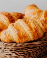Cropped image of basket with freshly baked buttery golden flaky croissants with copy space.