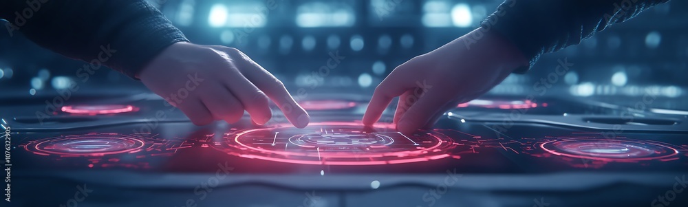 Poster two hands reaching toward a glowing, interactive interface with vibrant red designs, suggesting adva