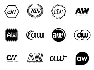 AW logo company template. Letter a and w logotype. Set different classic serif lettering and modern bold text with design elements. Initial font typography.