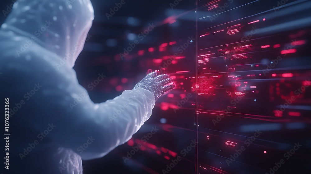 Leinwandbilder A digital figure reaches out to a vibrant, data-driven interface, symbolizing interaction with technology and the virtual world.