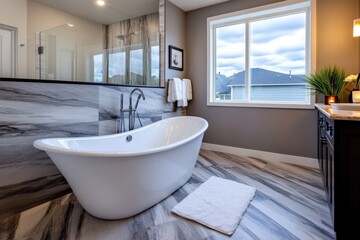 Spacious bathroom with a freestanding bathtub, candles, and fresh towels, creating a spa-like home feel